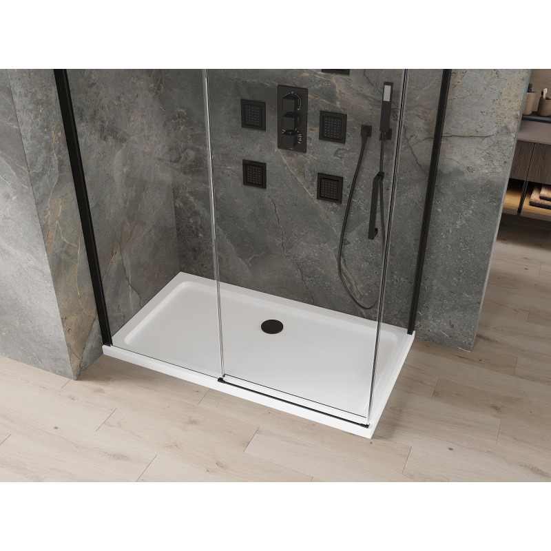 Mexen Omega cabine de douche coulissante 140 x 80 cm, transparent, noir + receveur Flat, blanc - 825-140-080-70-00-4010B