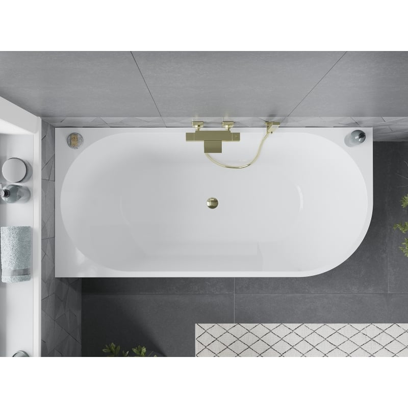 Mexen Mia baignoire autoportante d'angle gauche 140 x 75 cm, blanche, trop-plein doré - 52691407500L-50