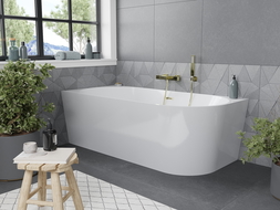 Mexen Mia baignoire îlot d'angle gauche 140 x 75 cm, blanc, trop-plein doré brossé - 52691407500L-55