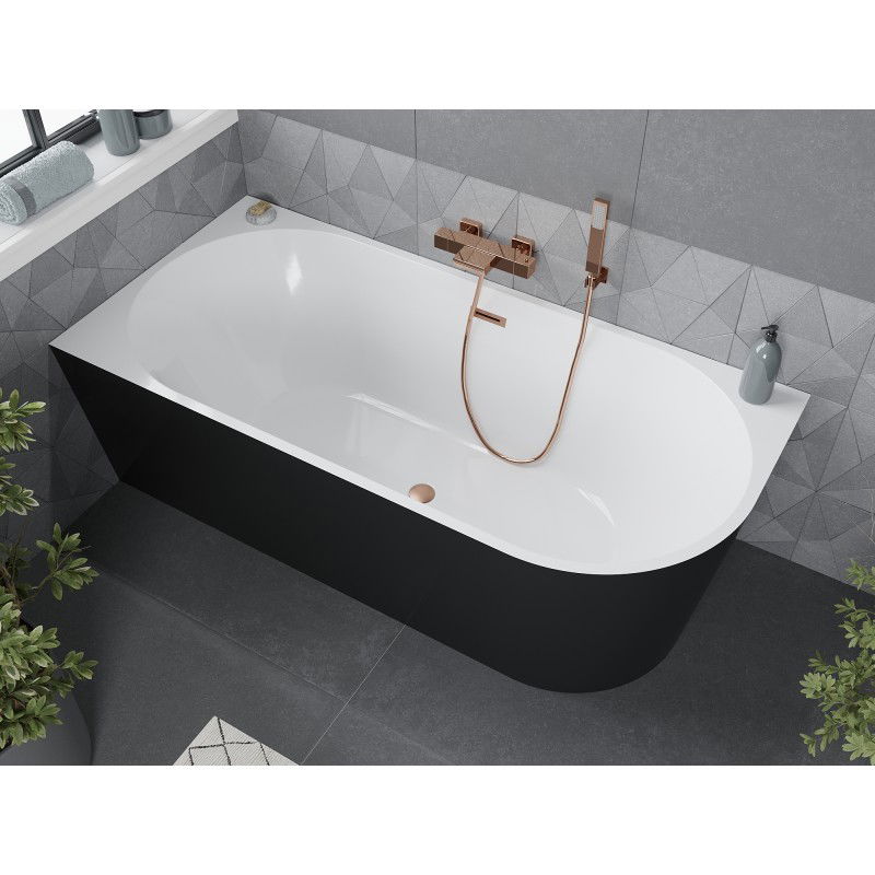 Mexen Mia baignoire autoportante d'angle gauche 140 x 75 cm, blanche/noire, trop-plein en cuivre brossé - 52691407575L-65