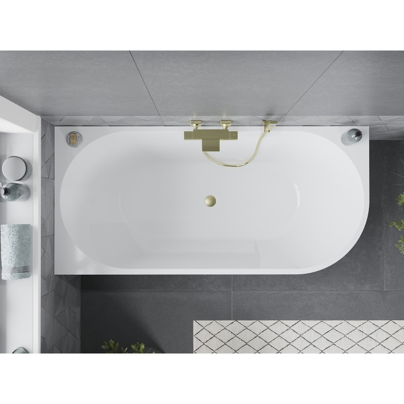 Mexen Mia baignoire autoportante d'angle gauche 160 x 80 cm, blanche, trop-plein or brossé - 52691608000L-55