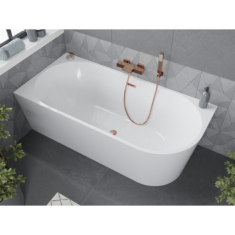 Mexen Mia baignoire autoportante d'angle gauche 160 x 80 cm, blanche, trop-plein cuivre brossé - 52691608000L-65
