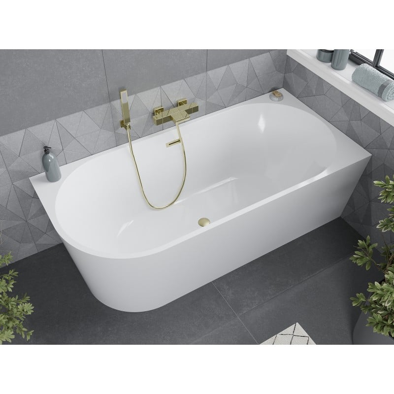 Mexen Mia baignoire autoportante d'angle droite 160 x 80 cm, blanche, trop-plein doré brossé - 52691608000P-55