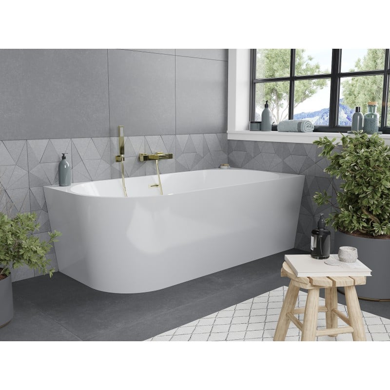 Mexen Mia baignoire autoportante d'angle droite 160 x 80 cm, blanche, trop-plein doré brossé - 52691608000P-55