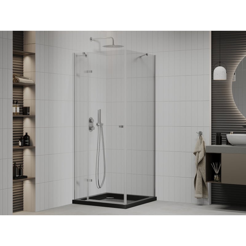 Mexen Roma cabine de douche pivotante 80 x 80 cm, transparent, chrome + receveur Flat, noir - 854-080-080-01-00-4070