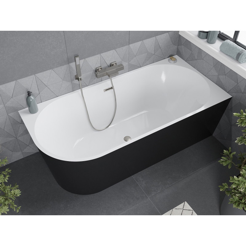 Mexen Mia baignoire autoportante d'angle droite 160 x 80 cm, blanche/noire, trop-plein nickel brossé - 52691608075P-97