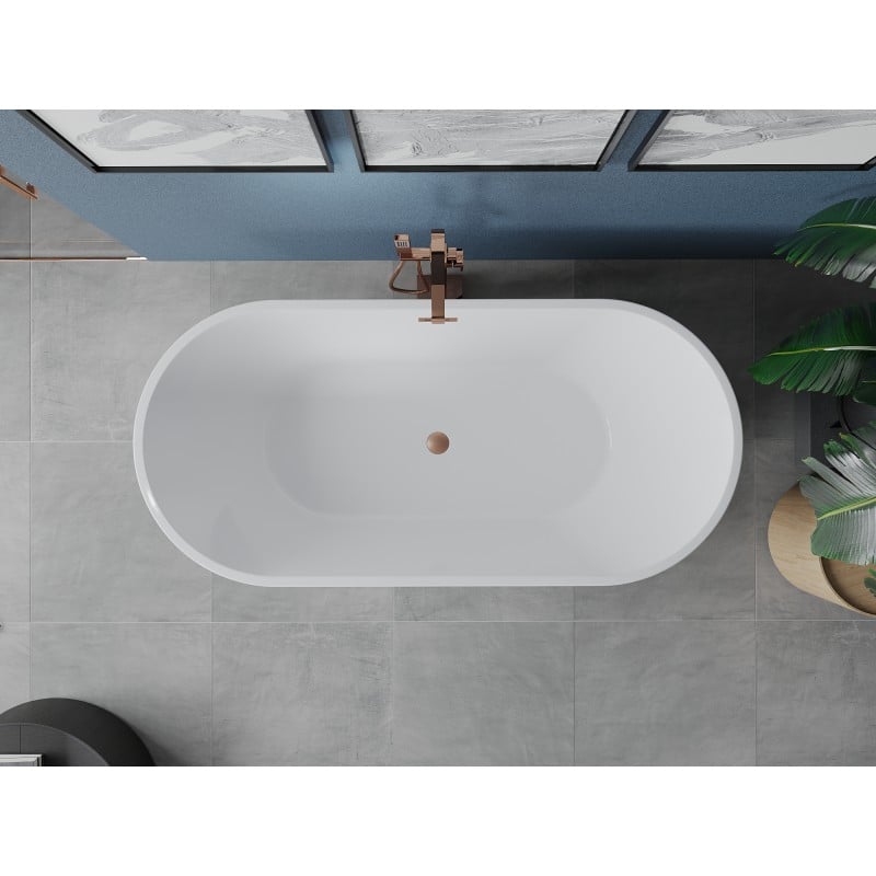 Mexen Luna baignoire autoportante 140 x 75 cm, blanche, trop-plein cuivre brossé - 52031407500-65