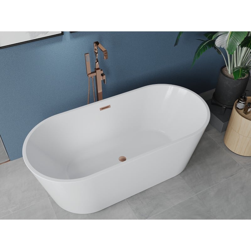 Mexen Luna baignoire autoportante 140 x 75 cm, blanche, trop-plein cuivre brossé - 52031407500-65