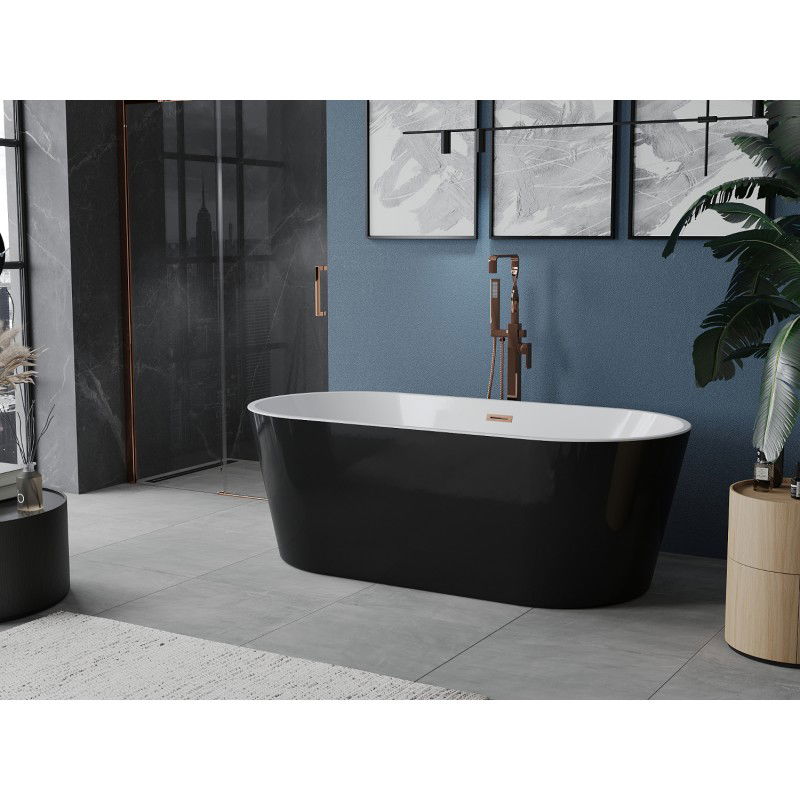 Mexen Luna baignoire autoportante 140 x 75 cm, blanc/noir, trop-plein cuivre brossé - 52031407575-65