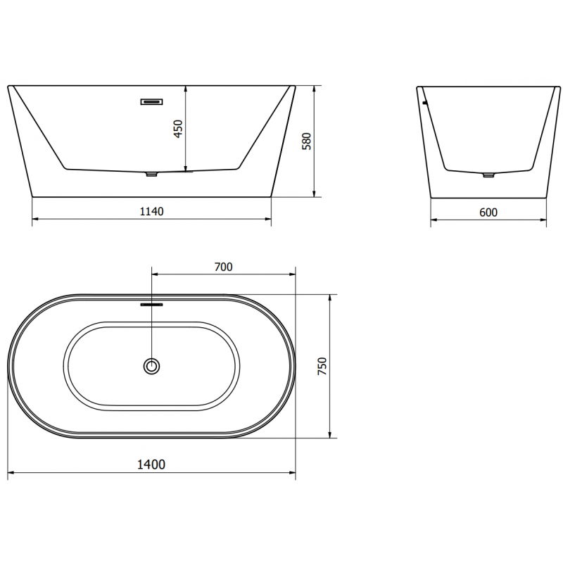 Mexen Luna baignoire autoportante 140 x 75 cm, blanche/noire, trop-plein chromé - 52031407575-01