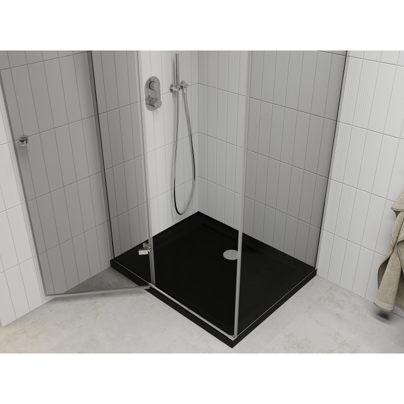 Mexen Roma cabine de douche à charnière 80 x 100 cm, transparent, chrome + receveur Flat, noir - 854-080-100-01-00-4070