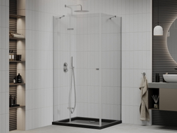 Mexen Roma cabine de douche à charnière 80 x 100 cm, transparent, chrome + receveur Flat, noir - 854-080-100-01-00-4070