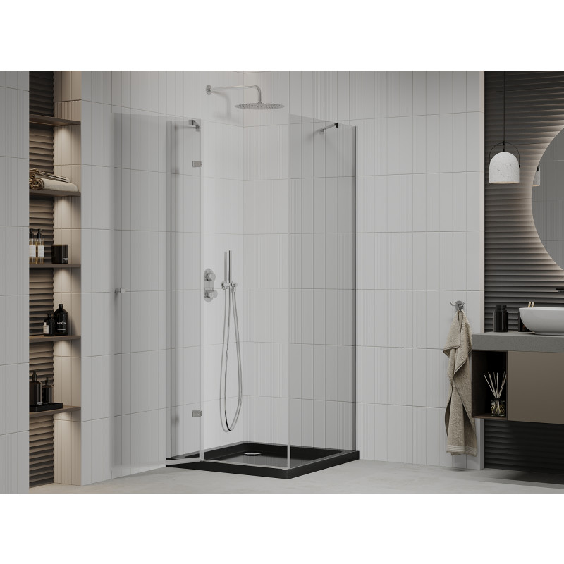 Mexen Roma cabine de douche pivotante 90 x 90 cm, transparent, chromé + receveur plat, noir - 854-090-090-01-00-4070