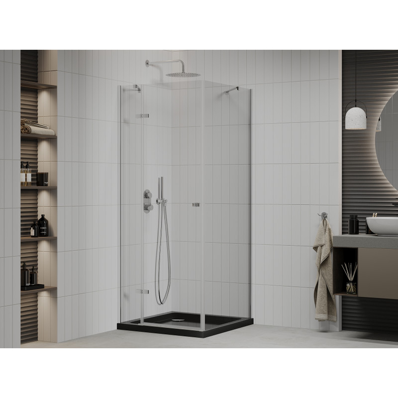 Mexen Roma cabine de douche pivotante 90 x 90 cm, transparent, chromé + receveur plat, noir - 854-090-090-01-00-4070