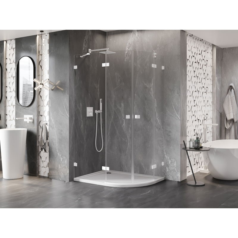 Mexen Lunar cabine de douche demi-ronde pivotante gauche 90 x 80 cm, transparente, blanche - 833-090L-080P-20-00