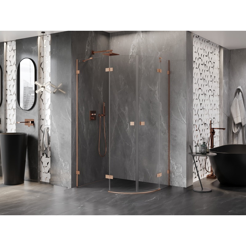 Mexen Lunar cabine de douche semi-circulaire pivotante gauche 80 x 70 cm, transparent, cuivre brossé - 833-080L-070P-65-00