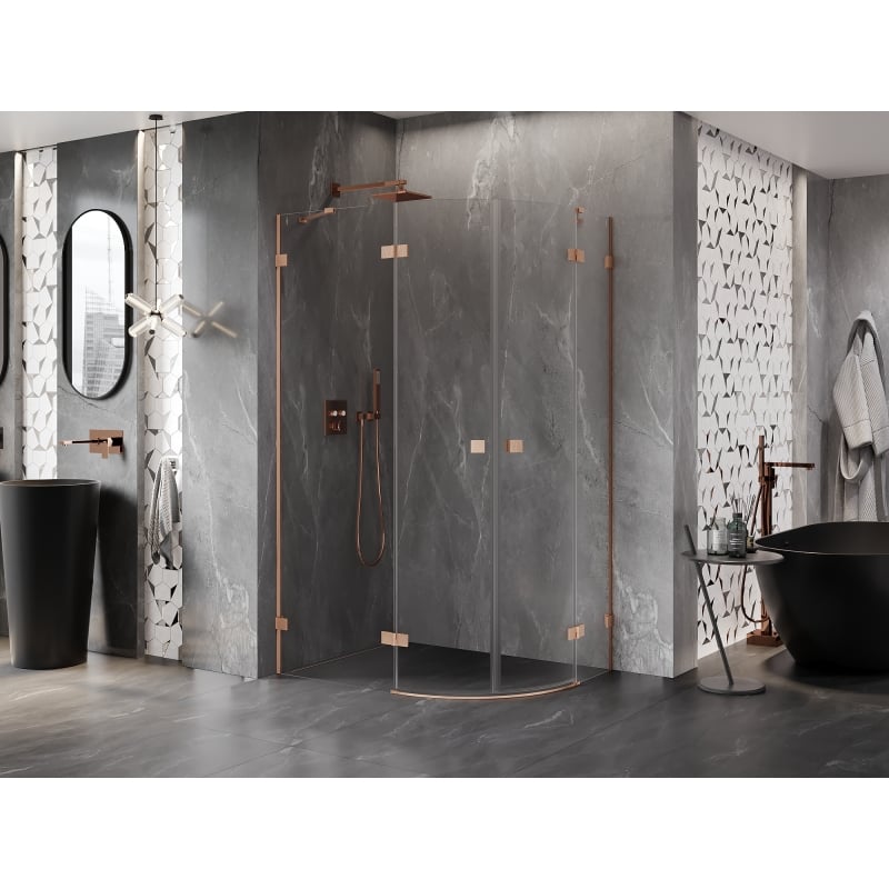 Mexen Lunar cabine de douche semi-circulaire pivotante gauche 90 x 70 cm, transparent, cuivre brossé - 833-090L-070P-65-00