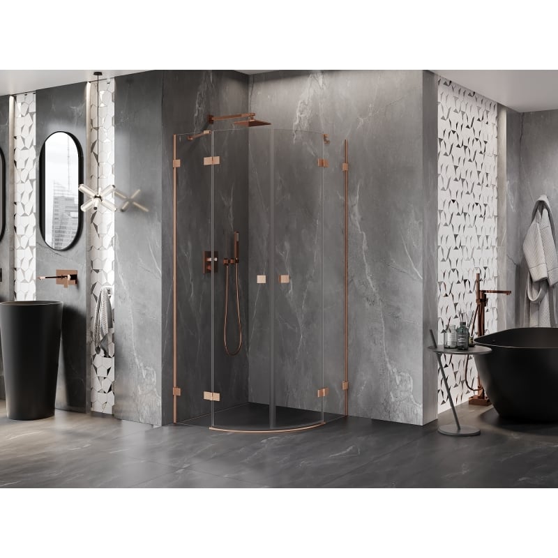 Mexen Lunar cabine de douche semi-circulaire pivotante 90 x 90 cm, transparent, cuivre brossé - 833-090L-090P-65-00