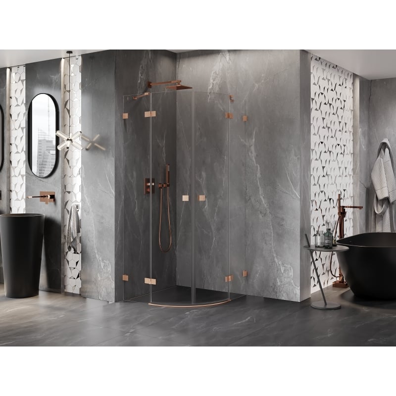 Mexen Lunar cabine de douche semi-circulaire pivotante 90 x 90 cm, transparent, cuivre brossé - 833-090L-090P-65-00