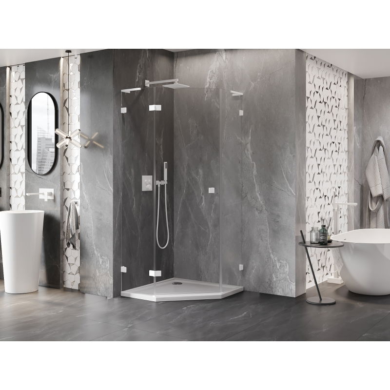 Mexen Lunar L cabine de douche pentagonale pivotante gauche 80 x 80 cm, transparent, blanc - 831L-080L-080P-20-00-L