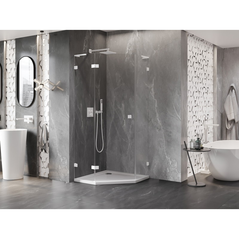 Mexen Lunar L Cabine de douche pentagonale pivotante gauche 100 x 100 cm, transparente, blanche - 831L-100L-100P-20-00-L