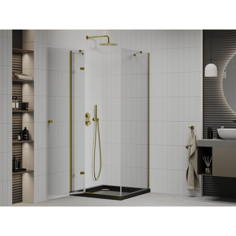 Mexen Roma cabine de douche battante 80 x 80 cm, transparente, or + receveur plat, noir - 854-080-080-50-00-4070G