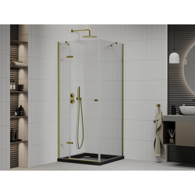 Mexen Roma cabine de douche battante 80 x 80 cm, transparente, or + receveur plat, noir - 854-080-080-50-00-4070G