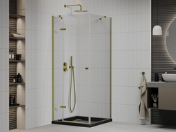 Mexen Roma cabine de douche pivotante 80 x 80 cm, transparente, or + receveur Flat, noir - 854-080-080-50-00-4070G