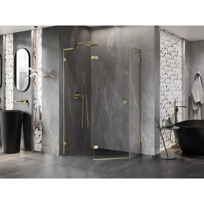 Mexen Lunar L cabine de douche pentagonale pivotante gauche 90 x 80 cm, transparent, or - 831L-090L-080P-50-00-L