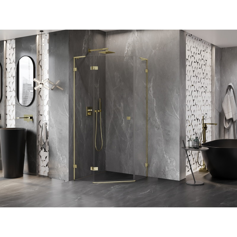 Mexen Lunar L cabine de douche pentagonale pivotante gauche 100 x 100 cm, transparent, or - 831L-100L-100P-50-00-L