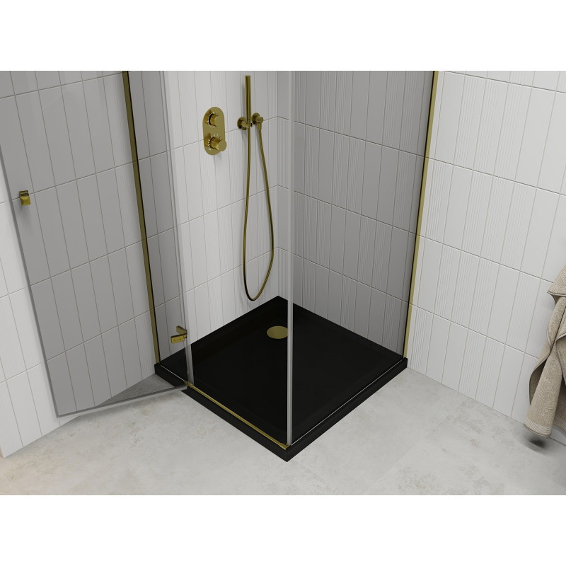 Mexen Roma cabine de douche pivotante 90 x 90 cm, transparente, or + receveur Flat, noir - 854-090-090-50-00-4070G