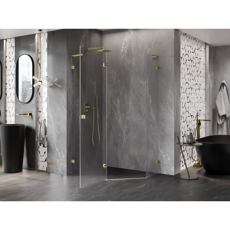 Mexen Lunar L cabine de douche pentagonale pivotante gauche 100 x 90 cm, transparent, or brossé - 831L-100L-090P-55-00-L