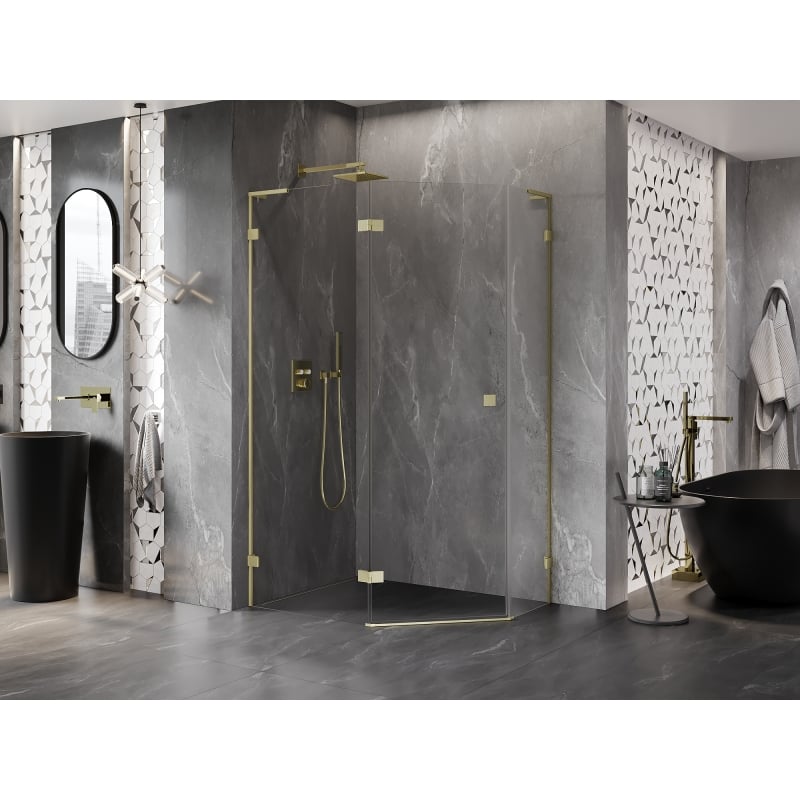 Mexen Lunar L cabine de douche pentagonale pivotante gauche 100 x 90 cm, transparent, or brossé - 831L-100L-090P-55-00-L