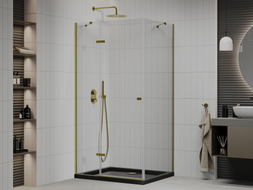 Mexen Roma cabine de douche pivotante 90 x 100 cm, transparente, dorée + receveur Flat, noir - 854-090-100-50-00-4070G