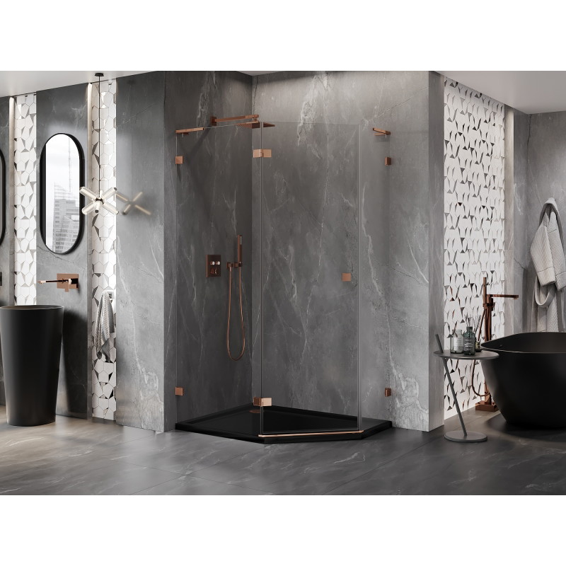 Mexen Lunar L cabine de douche pentagonale pivotante gauche 100 x 80 cm, transparent, or rose - 831L-100L-080P-60-00-L