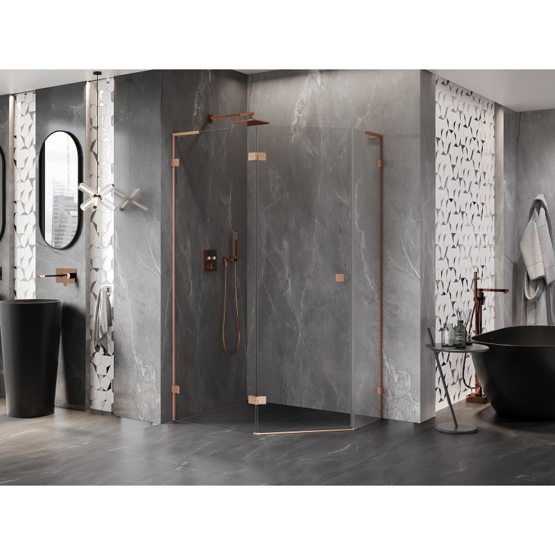 Mexen Lunar L cabine de douche pentagonale pivotante gauche 90 x 80 cm, transparent, cuivre brossé - 831L-090L-080P-65-00-L