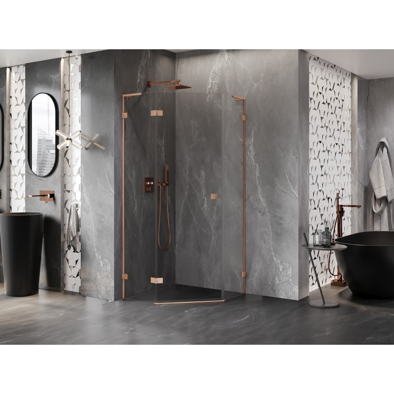 Mexen Lunar L cabine de douche pentagonale pivotante gauche 90 x 90 cm, transparent, cuivre brossé - 831L-090L-090P-65-00-L