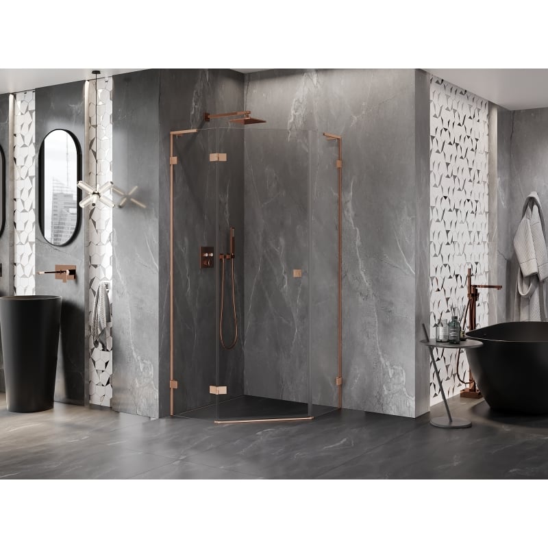 Mexen Lunar L cabine de douche pentagonale pivotante gauche 100 x 100 cm, transparent, cuivre brossé - 831L-100L-100P-65-00-L