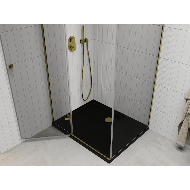 Mexen Roma cabine de douche pivotante 100 x 90 cm, transparente, dorée + receveur Flat, noir - 854-100-090-50-00-4070G