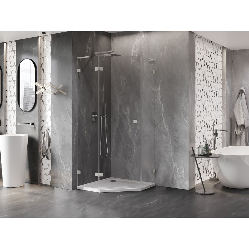Mexen Lunar L cabine de douche pentagonale pivotante gauche 80 x 80 cm, transparente, nickel brossé - 831L-080L-080P-97-00-L