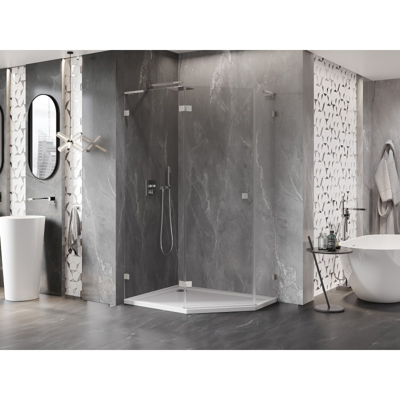 Mexen Lunar L cabine de douche pentagonale pivotante gauche 90 x 80 cm, transparent, nickel brossé - 831L-090L-080P-97-00-L