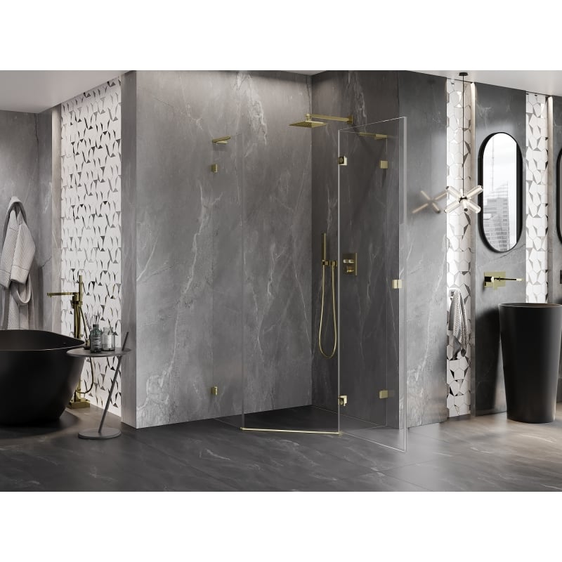 Mexen Lunar L cabine de douche pentagonale pivotante droite 80 x 80 cm, transparent, dorée - 831L-080P-080L-50-00-P