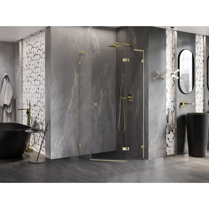 Mexen Lunar L cabine de douche pentagonale pivotante droite 80 x 80 cm, transparent, dorée - 831L-080P-080L-50-00-P