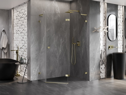 Mexen Lunar L cabine de douche pentagonale pivotante droite 100 x 90 cm, transparente, dorée - 831L-100P-090L-50-00-P