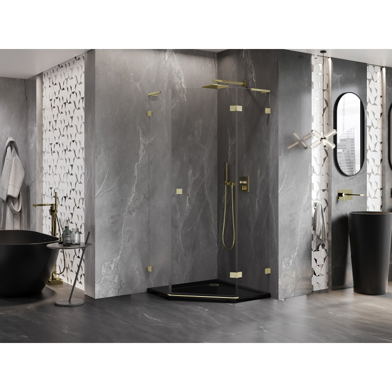Mexen Lunar L cabine de douche pentagonale à charnière droite 80 x 80 cm, transparent, or brossé - 831L-080P-080L-55-00-P