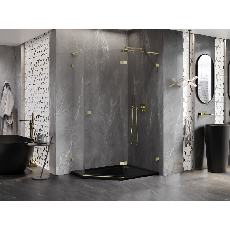 Mexen Lunar L cabine de douche pentagonale pivotante droite 100 x 90 cm, transparent, or brossé - 831L-100P-090L-55-00-P