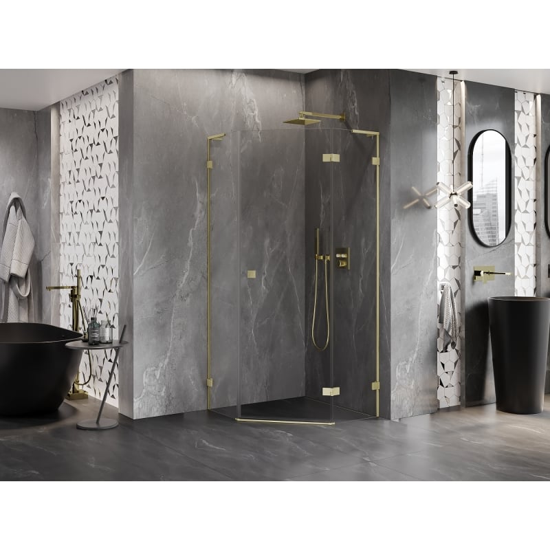 Mexen Lunar L cabine de douche pentagonale pivotante droite 100x100 cm, transparent, or brossé - 831L-100P-100L-55-00-P