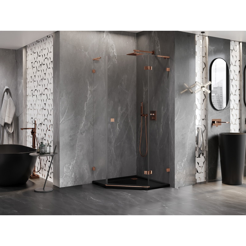 Mexen Lunar L cabine de douche pentagonale pivotante droite 80 x 80 cm, transparent, or rose - 831L-080P-080L-60-00-P