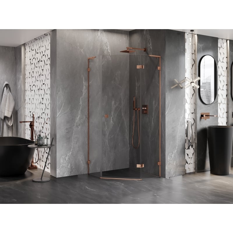 Mexen Lunar L cabine de douche pentagonale pivotante droite 80 x 80 cm, transparent, or rose - 831L-080P-080L-60-00-P