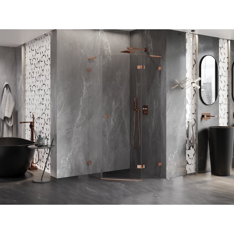 Mexen Lunar L cabine de douche pentagonale pivotante droite 80 x 80 cm, transparent, or rose - 831L-080P-080L-60-00-P
